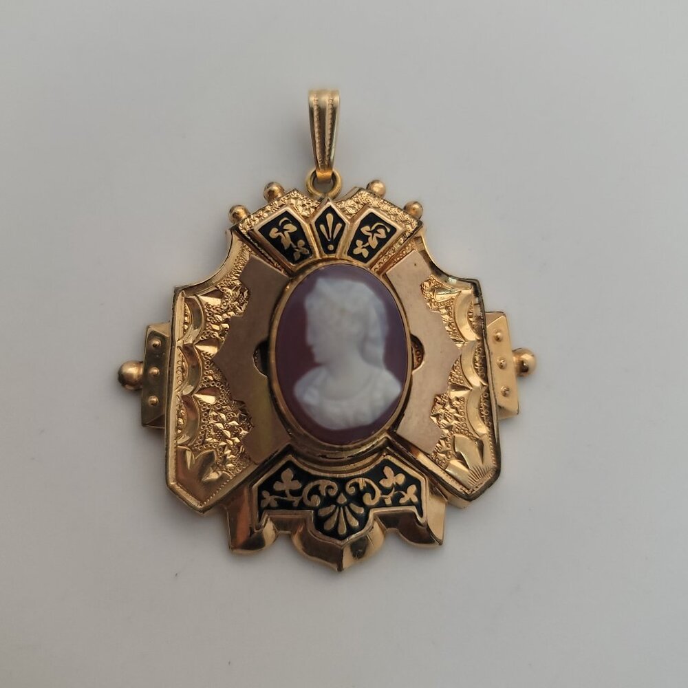 Antique Gold Filled, Cameo & Enamel Etruscan Revival Pendant